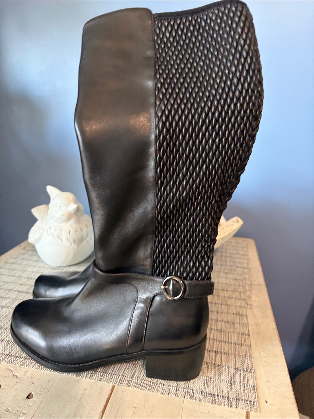 Vaneli Black Leather Over-the-Knee Boots with Braided Shaft